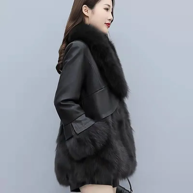 2024 Fashion Faux Sheepskin Fur Patchwork Coat Women Autumn Winter Fox Fur Short Jacket Streetwear Female Thicken Warm Overcoat