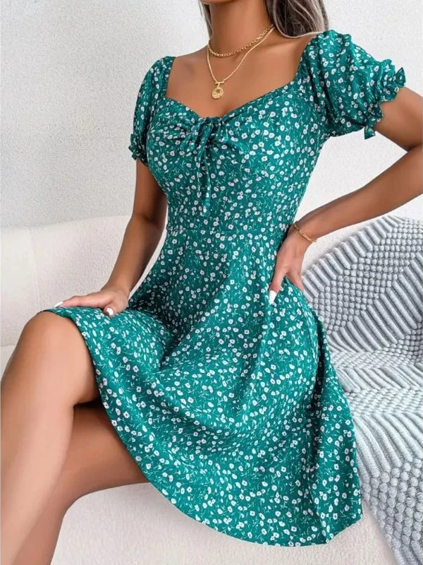 Casual floral impressão dr feminino ort sve dstring cintura a linha saia verão rua sle regular fino peça única