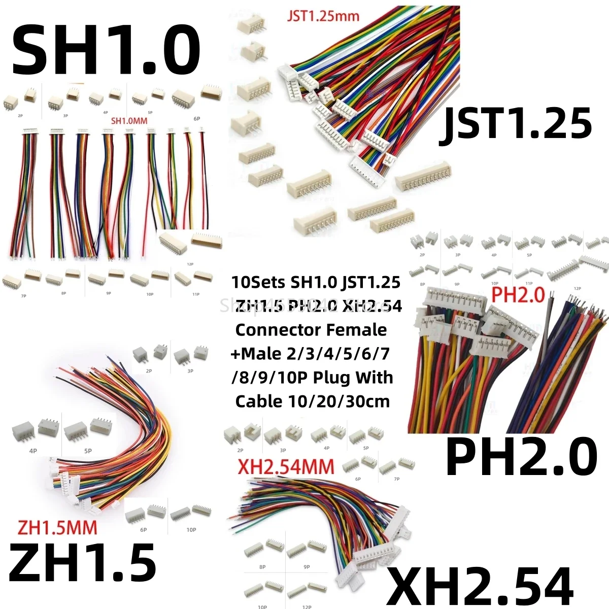 10Sets SH1.0 JST1.25 ZH1.5 PH2.0 XH2.54 Connector Female+Male 2/3/4/5/6/7/8/9/10P Plug with Cable 10/20/30cm