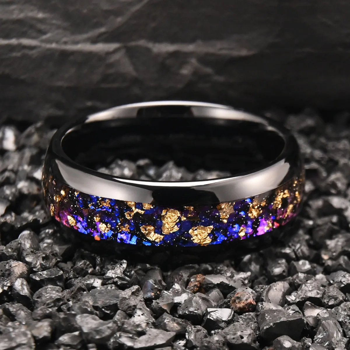 

8MM Black Tungsten Carbide Ring Amethyst Gold Foil Inlay Polished Finish Men’s Rings Wedding Bands Engagement Anniversary Gift
