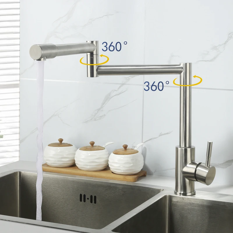 Modern Single Hole Kitchen Sink Faucet Deck Mounted Swing Arm Folding Sink Faucet One Handle Hot and Cold Mixer Tap Brushed
