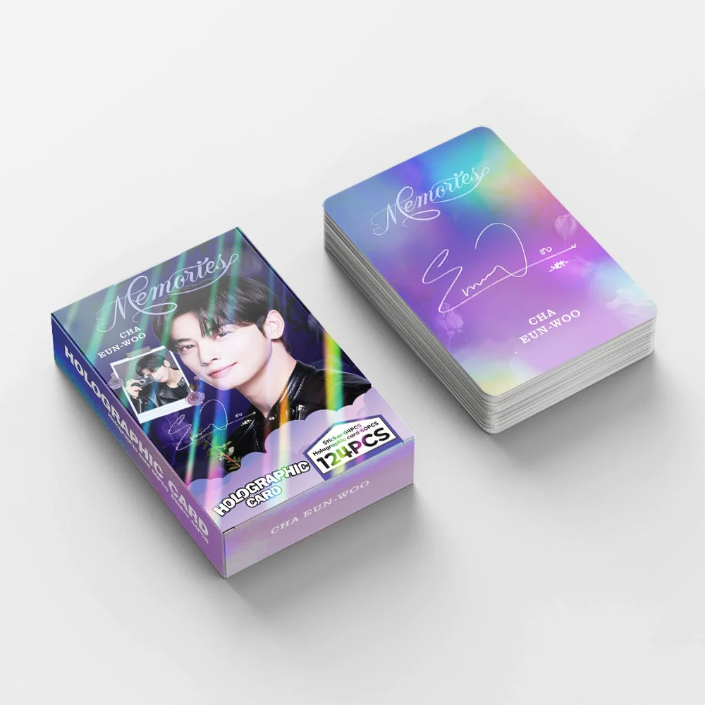 124PCS 차은우 홀로그램 포토 카드 - 양면 한국 스타 LOMO 수집용 카드 스티커 세트