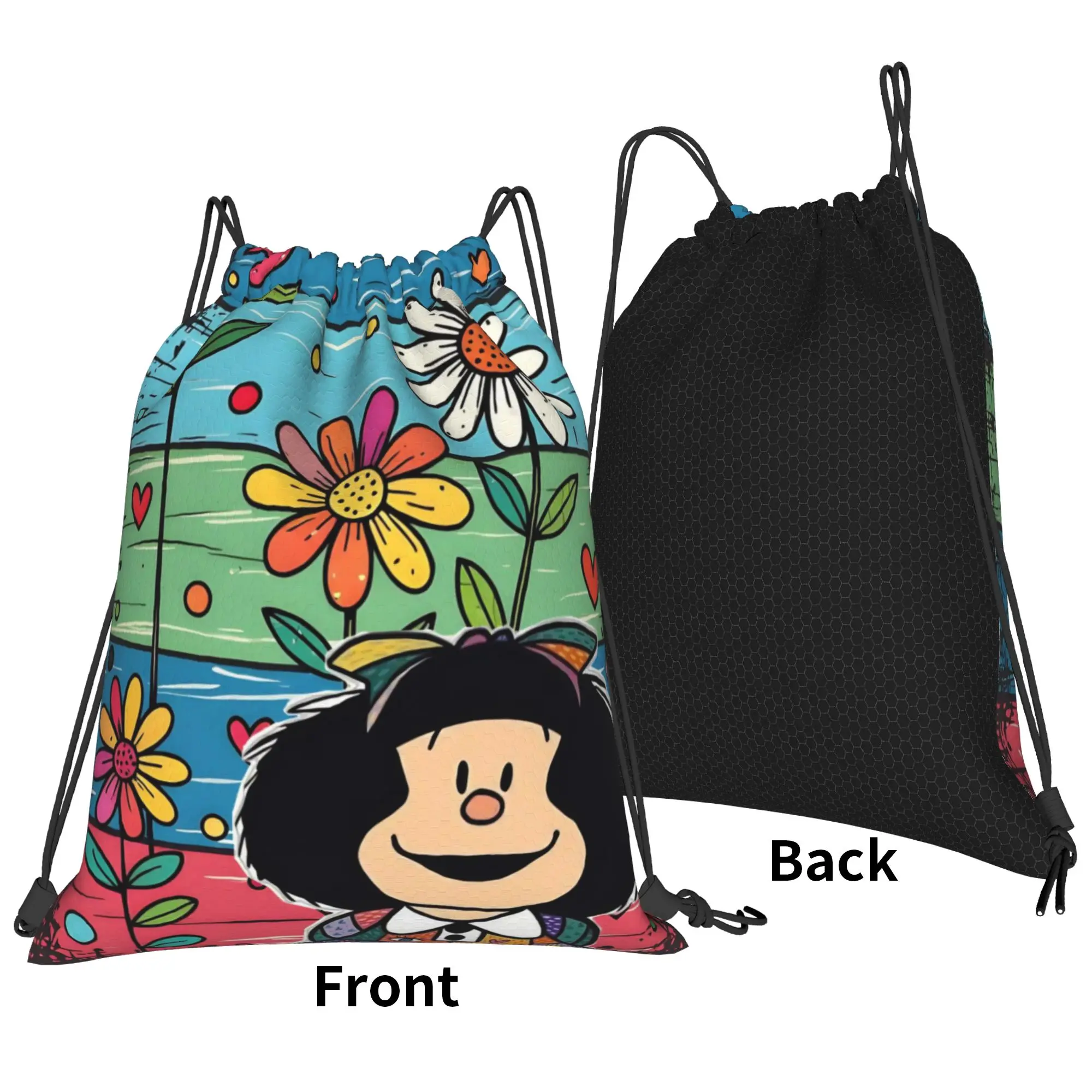 Mafaldas Cartoon Flowers Drawstring Backpack Gym Sports Sackpack Water Resistant  String Bags for Travel 36cm (W) x 43cm (H)