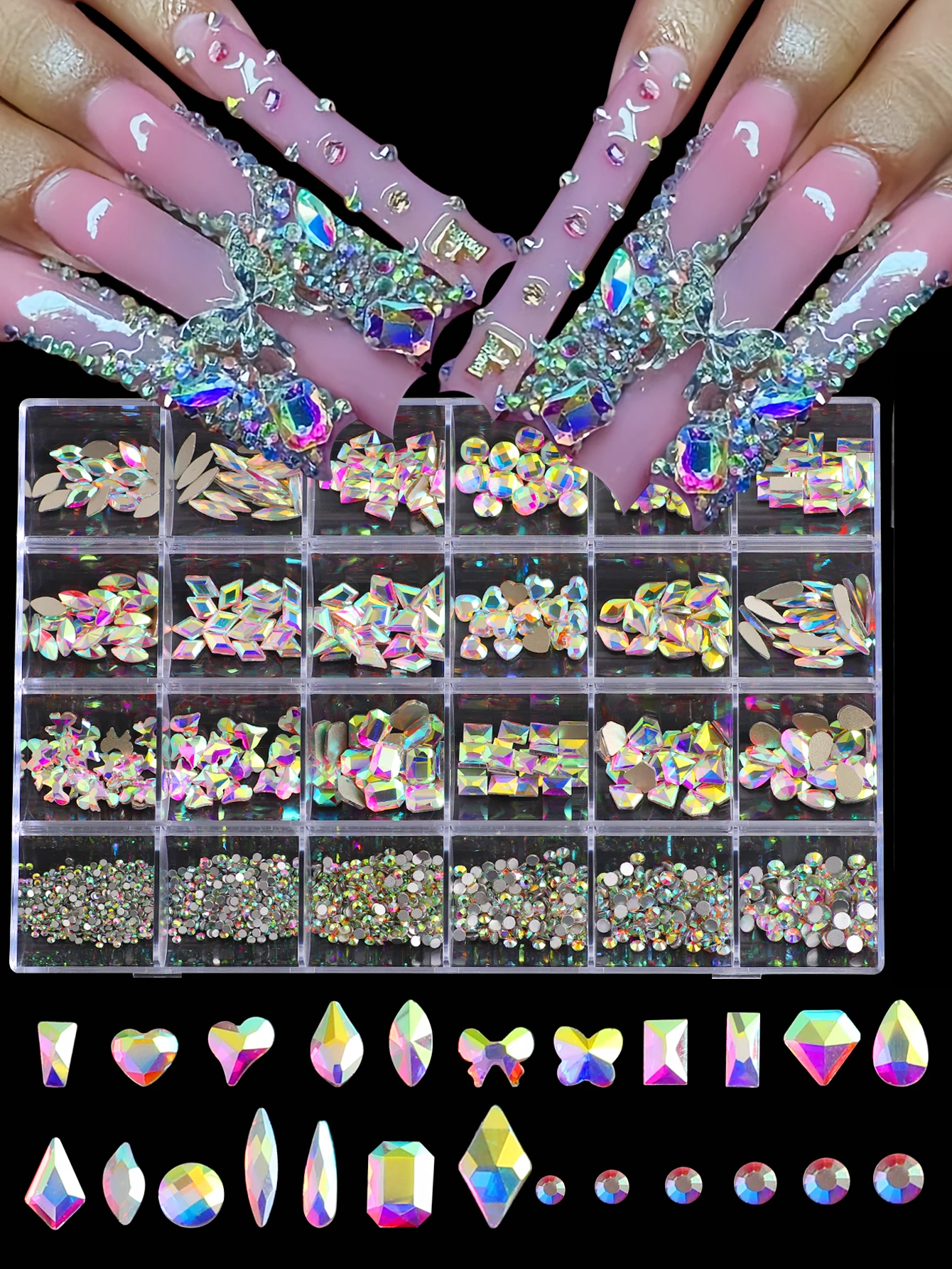 

1 box of 24 grid nails gemstone AB color fantasy nail diamond mixed nail supplies Multi -style nails set DIY nail flat diamond b