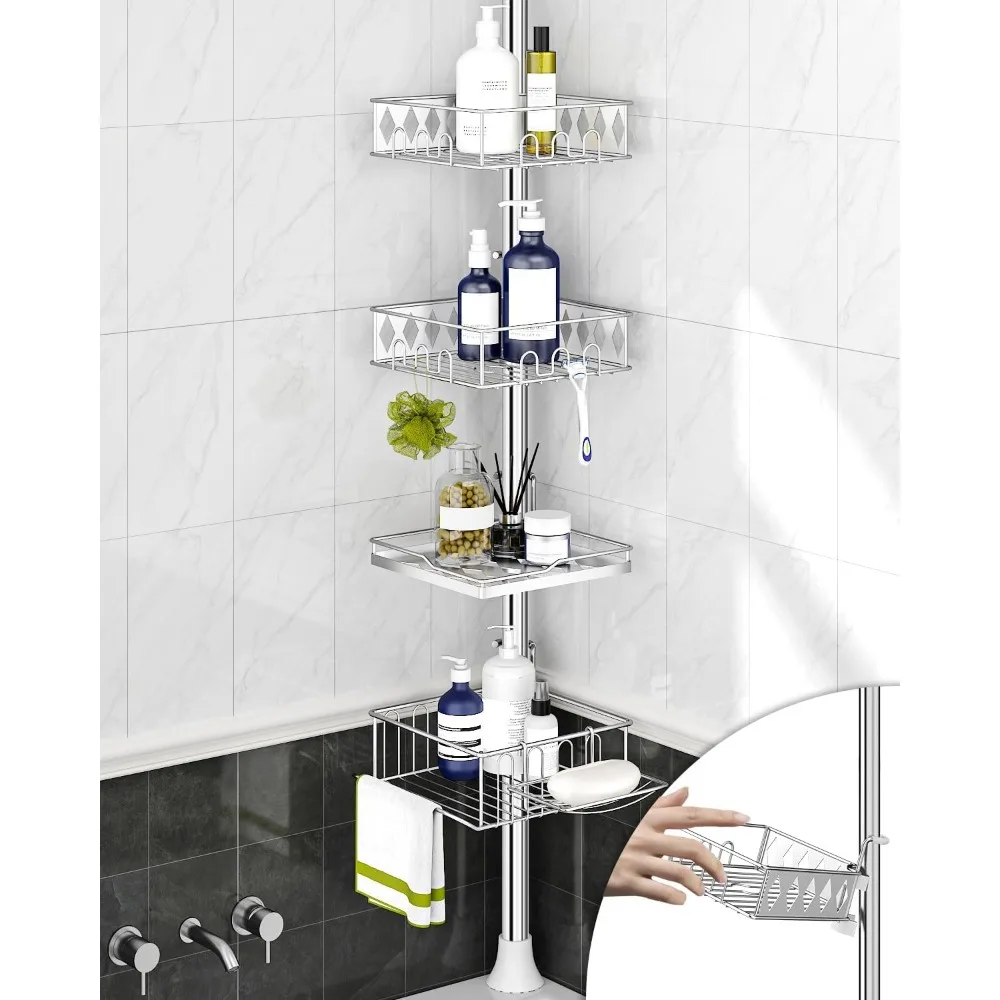 

Adjustable Corner Shower Caddy, Rust-Free Bathroom Organizer with 4-Tier Shelf, Quick Setup for Bathtub Storage