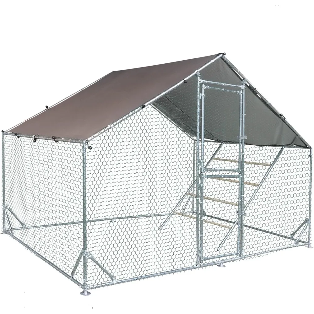 

Large Metal Chicken Coop Run Chicken Pen with Ramp, Waterproof Tarp Cover, Outdoor Poultry Enclosure for Chickens, Duc