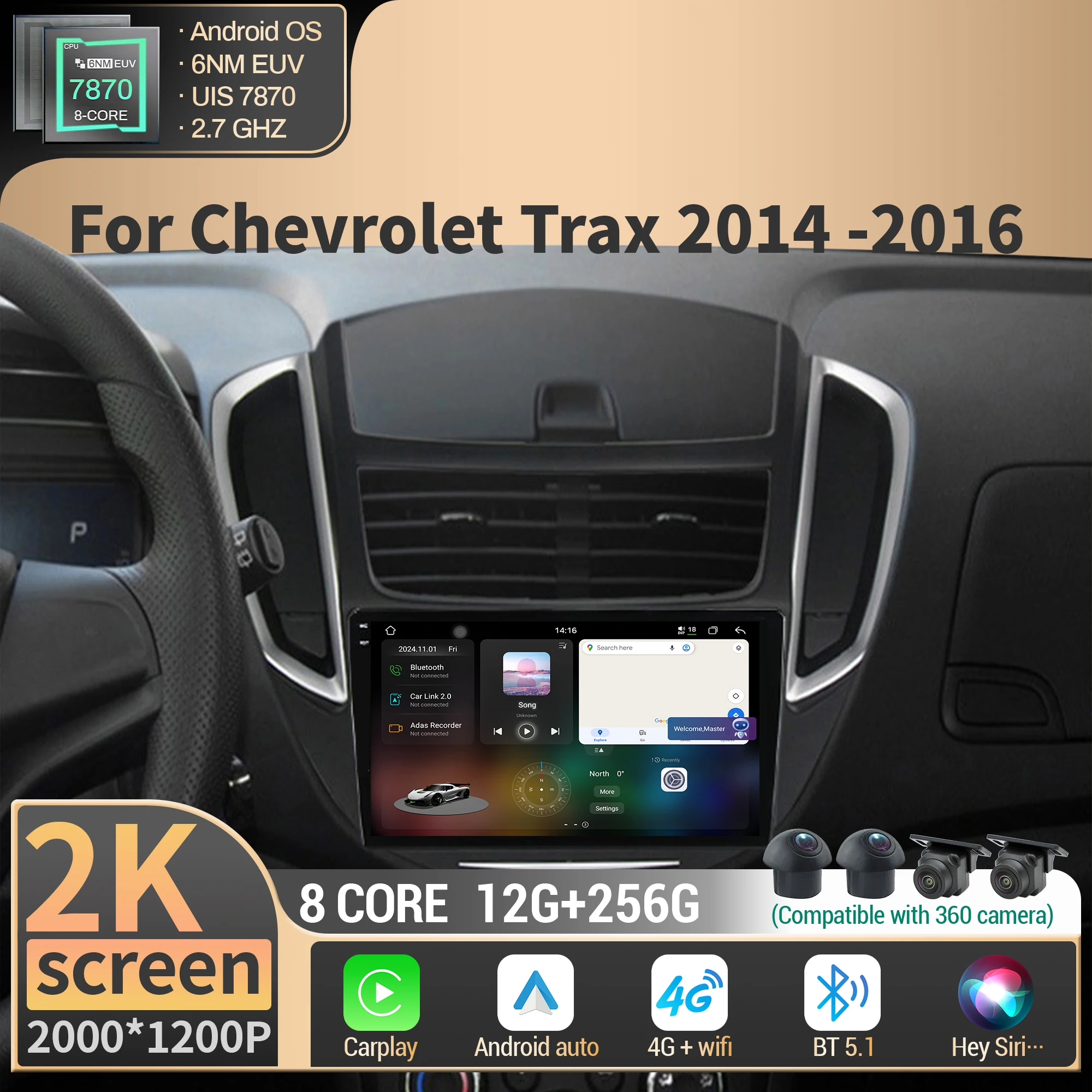 

For Chevrolet Trax 2014-2016 Car Radio Multimedia Navigation Wireless BT Carplay Android 4G GPS CPU 7870 2K QLED Screen