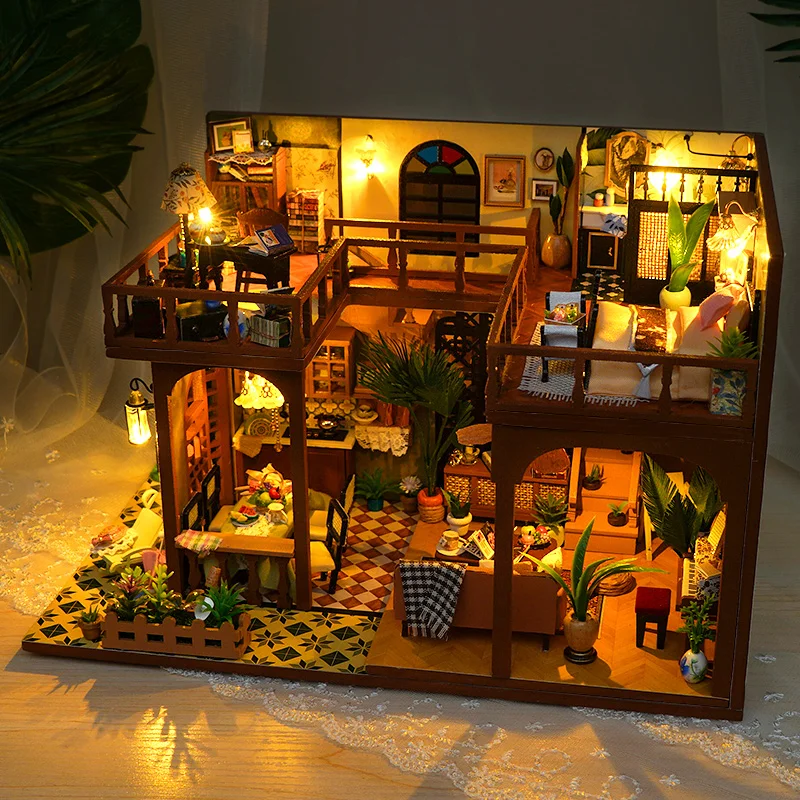 DIY Holz Miniatur Modell Kit Chinesische Alte Loft Casa Puppenhäuser 3D Puzzle Puppenhaus Mit Möbel Licht für Freunde Geschenke