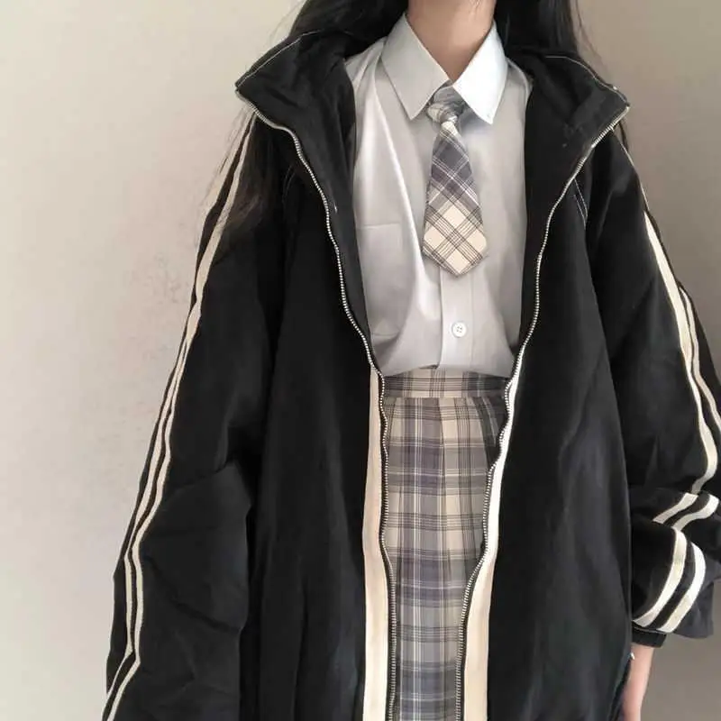 Striped Long Sleeve Loose Korean Autumn Thin Patchwork Zipper Coats Preppy Style Mid Length Women Y2k Outerwear Bomber Jackets