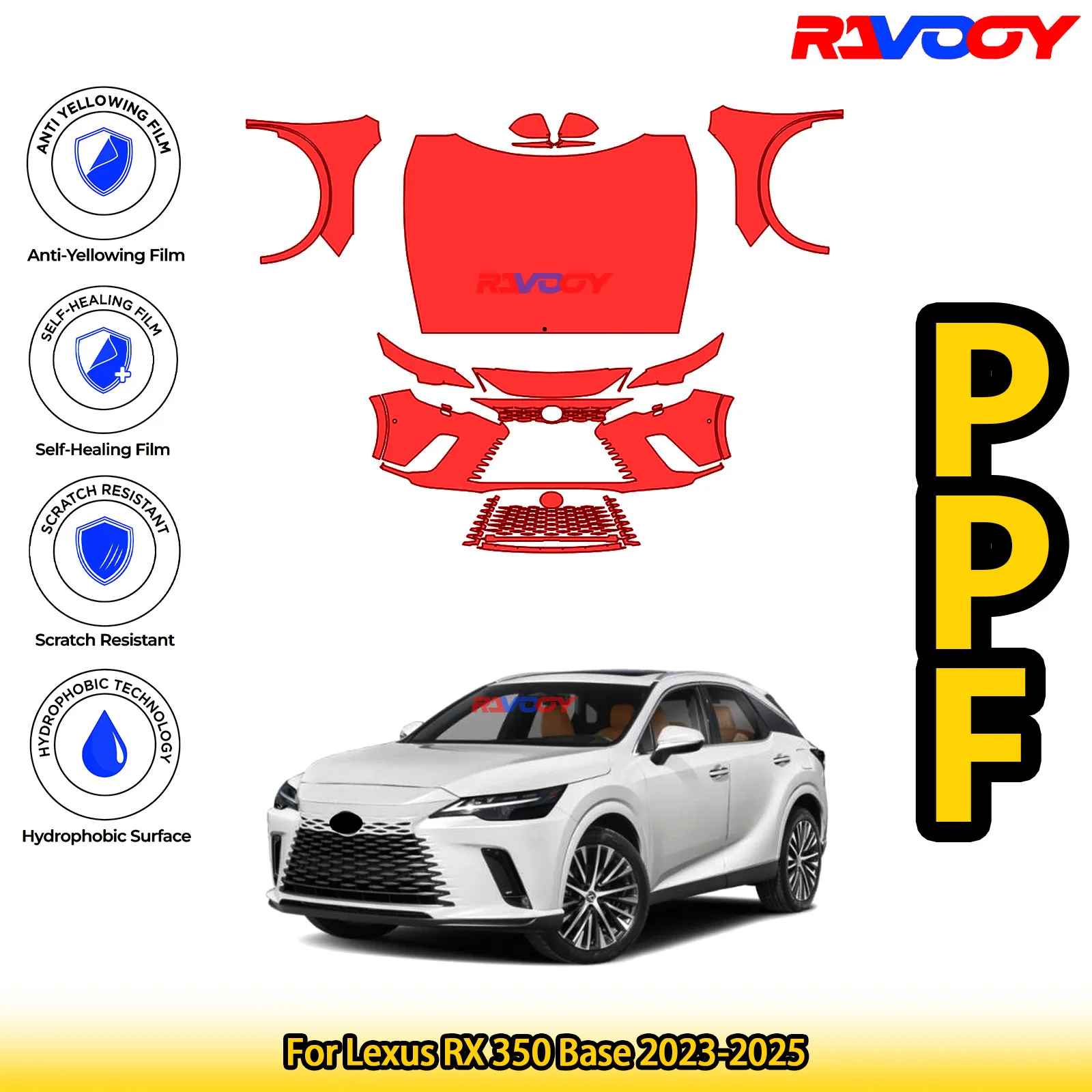 

Для Lexus RX 350 Base 2023-2025 глянцевая матовая черная предварительно вырезанная передняя полипропиленовая защитная пленка для краски