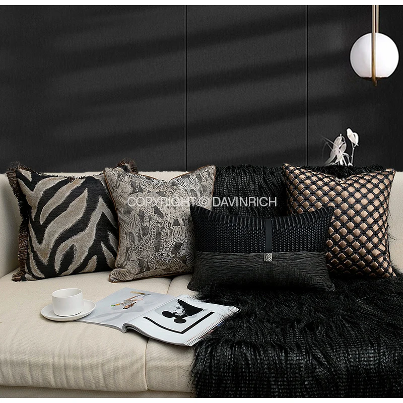 DAVINRICH Buckle Rectangular Cushion Cover Beautifully Hand Crafted Black Leather Fabric Texture Low-Key Luxury Pillowcase 30x50