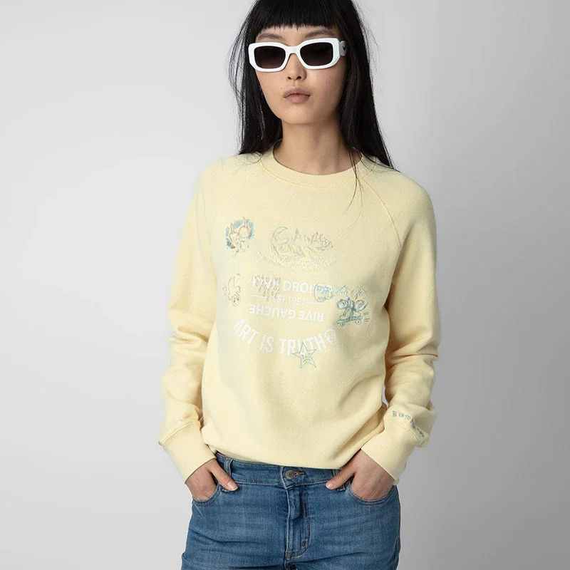 Early Autumn New French Niche ZV Gold and Silver Thread Rice Moon Mouse Embroidery Embroidery Crew Neck Yellow Women's Sweater