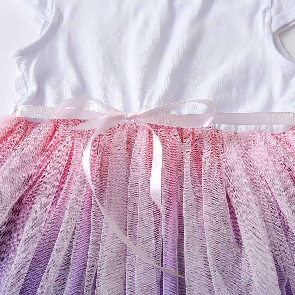 VIKITA Weißes Kurzarmkleid für Mädchen, bunt, mit Pailletten, Schmetterlingen, Applikationen, Farbverlauf, Tüll, modisches, elegantes Prinzessinnenkleid – Detail 4