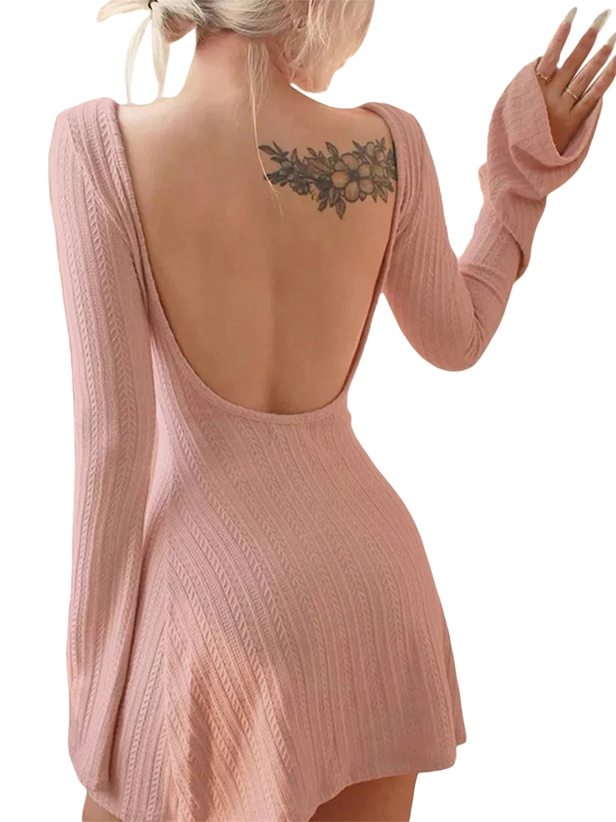 Women Solid Flared Long Sleeve Mini Dresses Elegant Ribbed Knit Backless A-Line Bodycon Short Dress for Party Club Streetwear