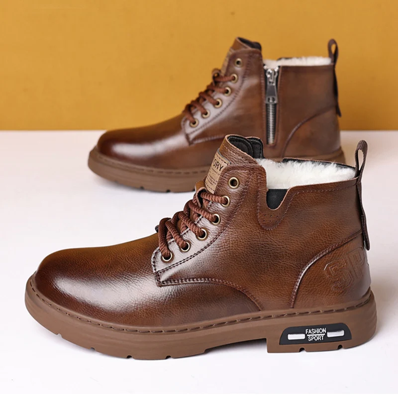 Fashion Winter Genuine Leather Shoes Mens Snow Boots Warm Plush Flat Non-slip Brand Male Ankle Boots Black Brown DX628