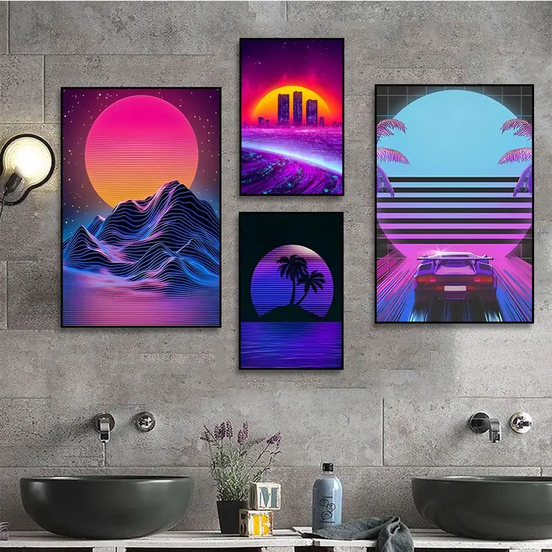 Neon Retrowave Synthwave Whitepaper Poster Decoracion Painting Wall Art White Kraft Paper Decor Art Wall Stickers