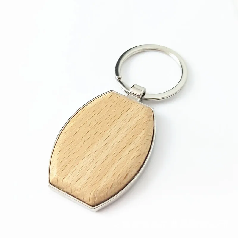 Solid Wood Beech Key Chains Metal Laser Engraving Customizable UV Logo Wooden Keychains Car Exhibition Souvenirs Keyrings Gift