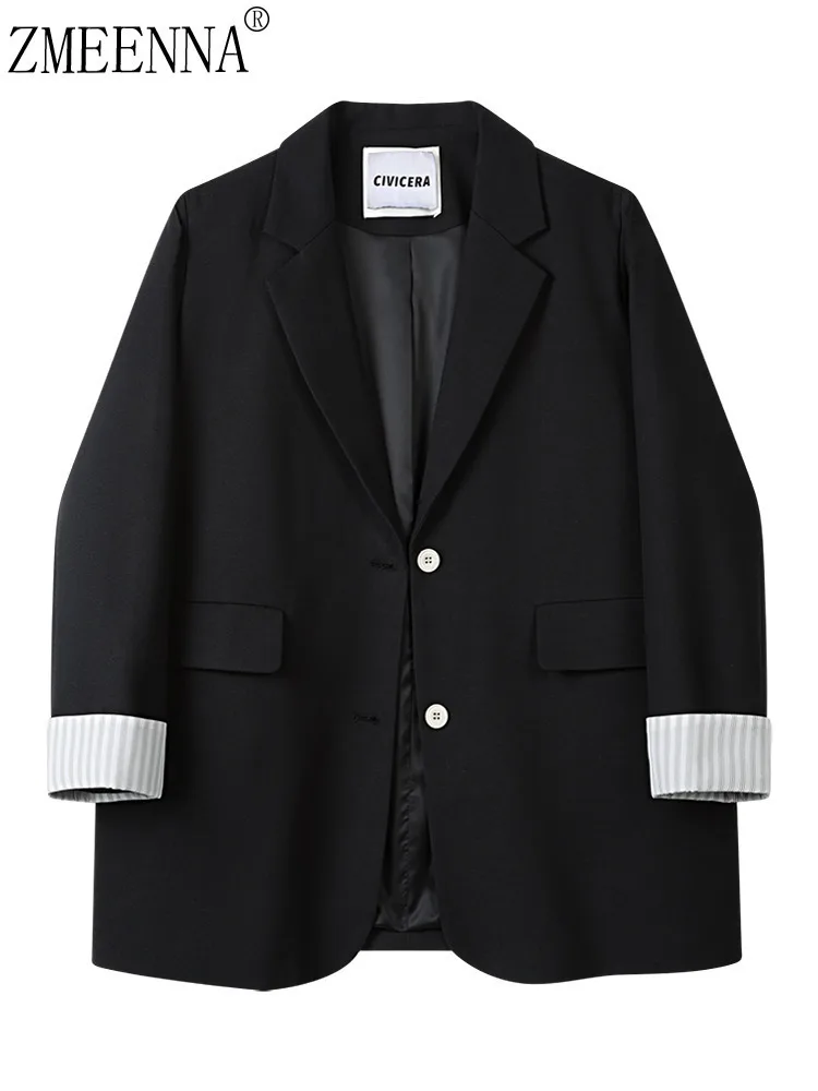 

ZMEENNA женский черный пиджак, повседневный свободный костюм, пальто с полосатыми манжетами, модная верхняя одежда с длинными рукавами ZM4250