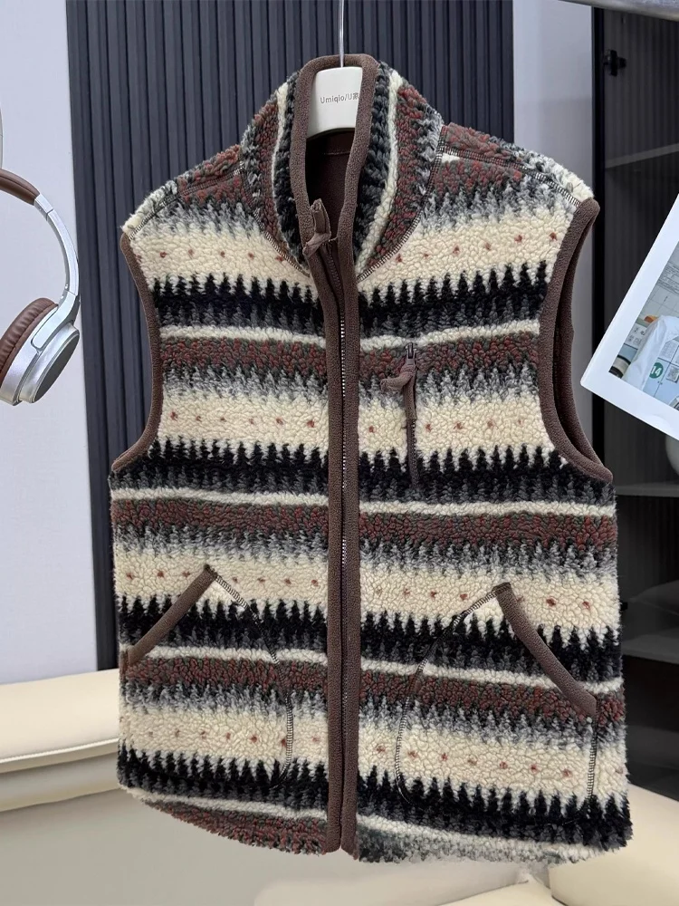 

Thiened Double-Sided Fce Lamb Fur Vest ex Winter Outerwear Warm Coat Jaet Zipper Closure Regular Length Striped Pa...