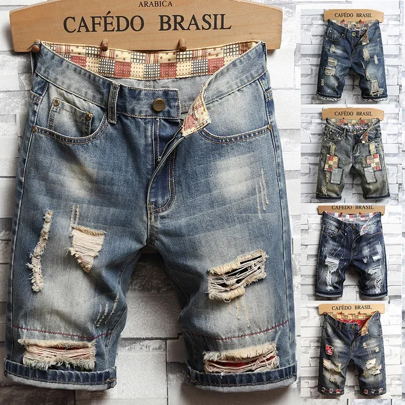 Summer New Style Retro Ripped Denim Shorts for Men Fashionable Ripped Straight Leg Slim Short Jeans Hip Hop Streetwear Male