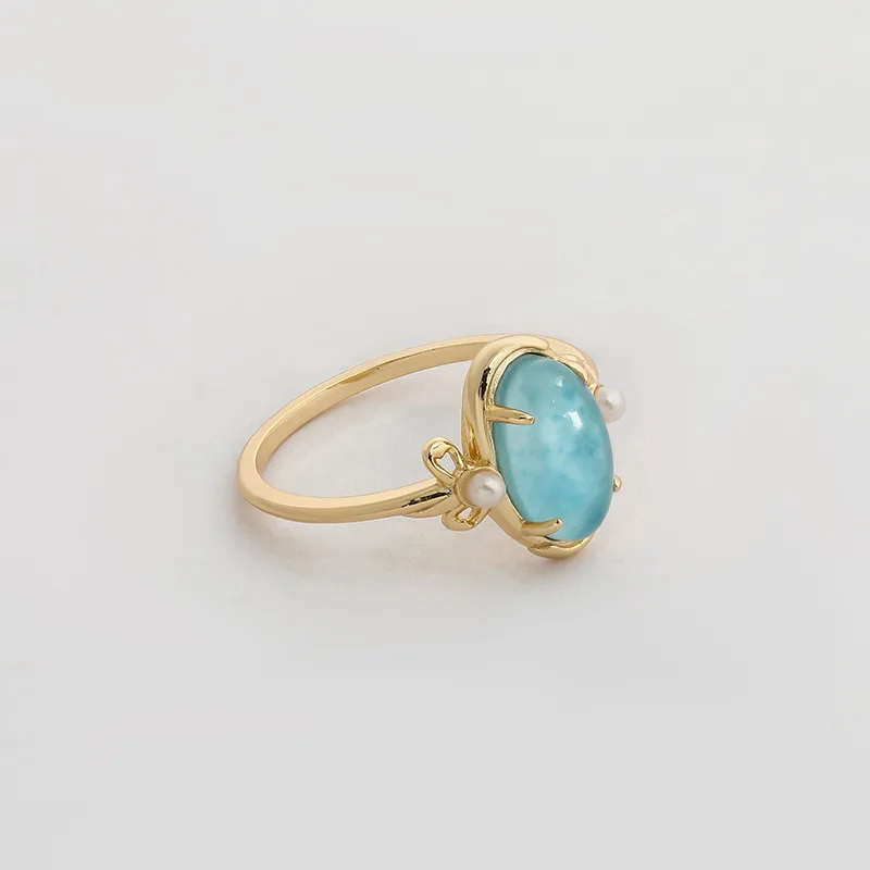 Nicho de estilo accesible para mujer, anillo de plata de ley s925 chapado en oro de 14k, cristal blanco larimar natural, joyería con clase