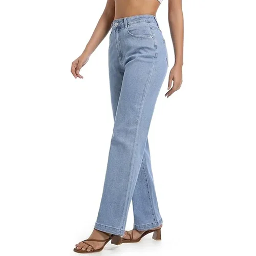 Imagen 1 del producto Pantalones vaqueros informales holgados de cintura alta para mujer, pantalones vaqueros elásticos de pierna recta, cómodos, lisos, básicos, baratos