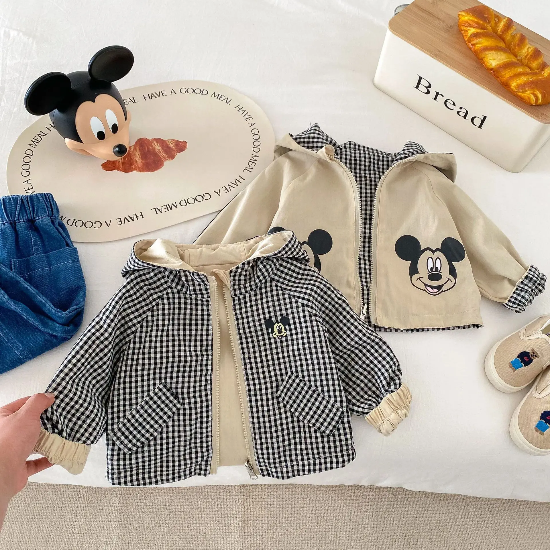 Toddler Kid New Mickey Mouse Double Sided Jacket Spring Autumn Baby Girl Cartoon Hooded Plaid Coat Children Boy Casual Outerwear