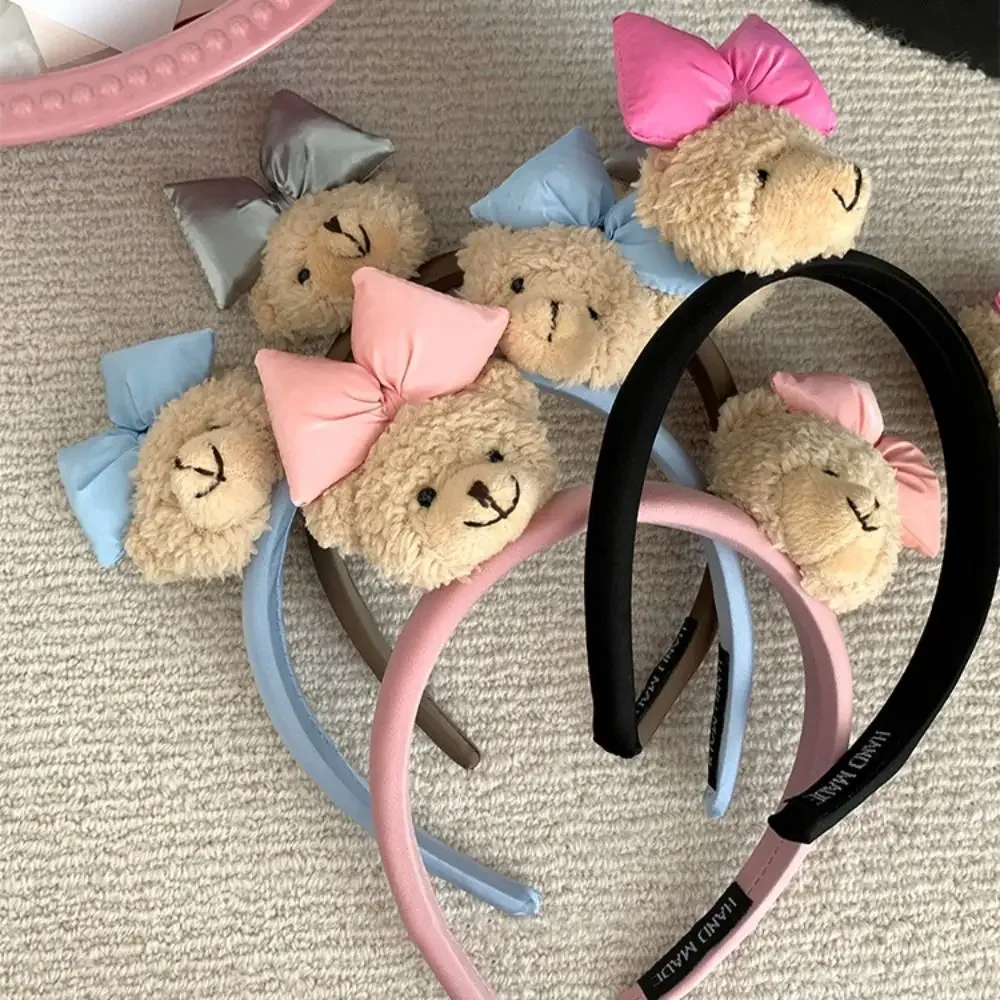 Diadema de oso pequeño con lazo dulce, muñeca de felpa para lavado de cara, diadema de felpa de dibujos animados, tocado bonito, aro para el pelo de oso, maquillaje