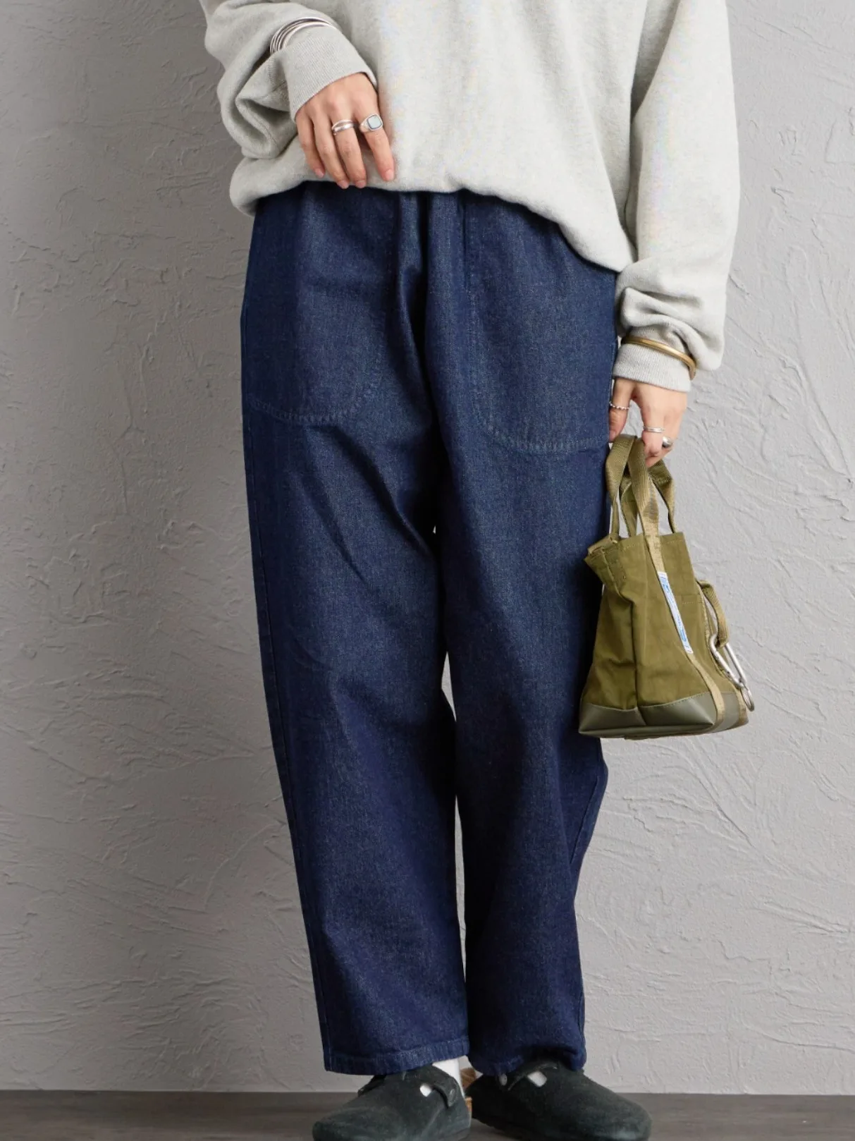 Retro Japanese Style Workwear Pants Casual Versatile Ruffle Pants Basic Classic Nine-Point Denim Women's Loose Elastic Waist
