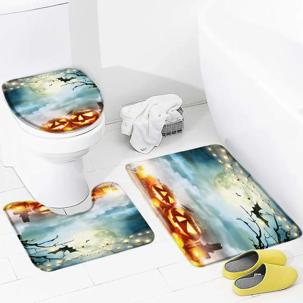 Halloween Bathroom Rugs Sets 3 Piece with Non-Slip Rug, Toilet Lid Cover and Bath Mat Pumpkin Washable Bathroom Accessories Set