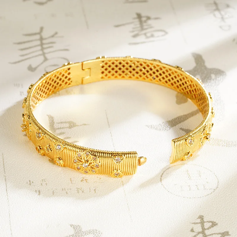 QEENKISS 24KT Gold Luxury Zircon Bracelet Bangle For Women Jewelry Wedding Party Birthday Bride Mother Girlfriend Gifts BT5334