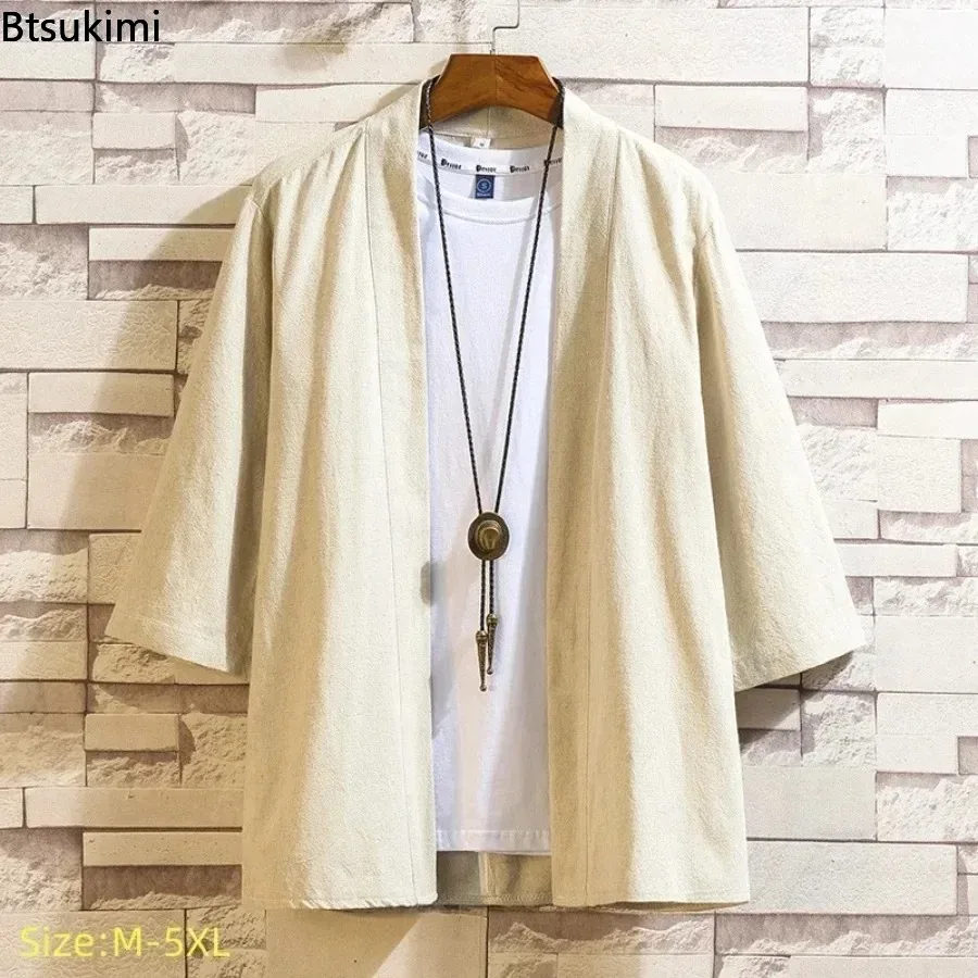 New 2026 Men's Cotton Linen Cardigan Jackets Spring Summer Solid Short Sleeve Hanfu CardiganTraditional Casual Shirts Male Tops