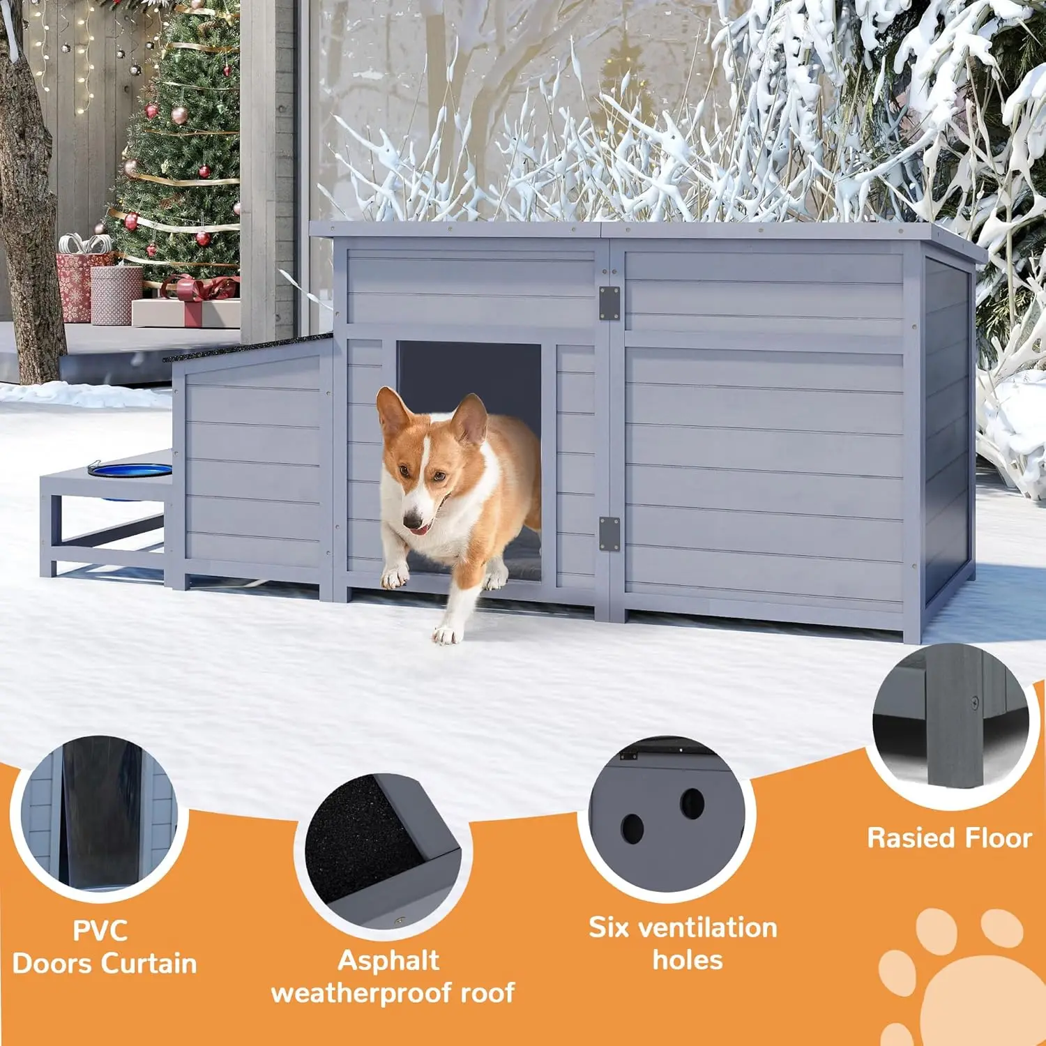 

59" Upgraded Large Insulated Outdoor Dog House with Removable Thermal Liner & 2 Slow Feed Bowls, Weatherproof Wooden Shelter