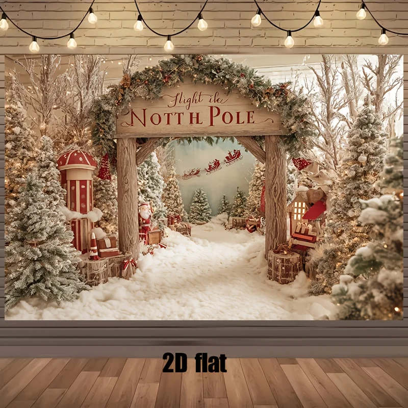 Tissu de fond en polyester plat 2D, 1 pièce, pays des merveilles d'hiver, scène du Village arctique, décoration de noël