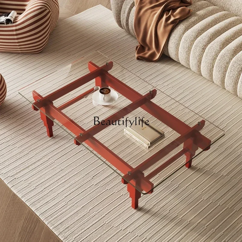 

ls 42LMedieval retro coffee table Expo oak rectangular tempered glass living room small apartment red solid wood coffee table