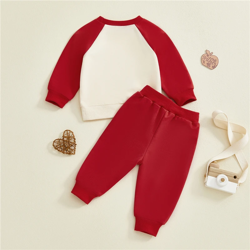 

Осенние комплекты брюк из 2 предметов для мальчиков, топы с длинными рукавами и круглым вырезом, вышивкой букв, штаны на шнурке, комплекты одежды на День Святого Валентина для маленьких мальчиков