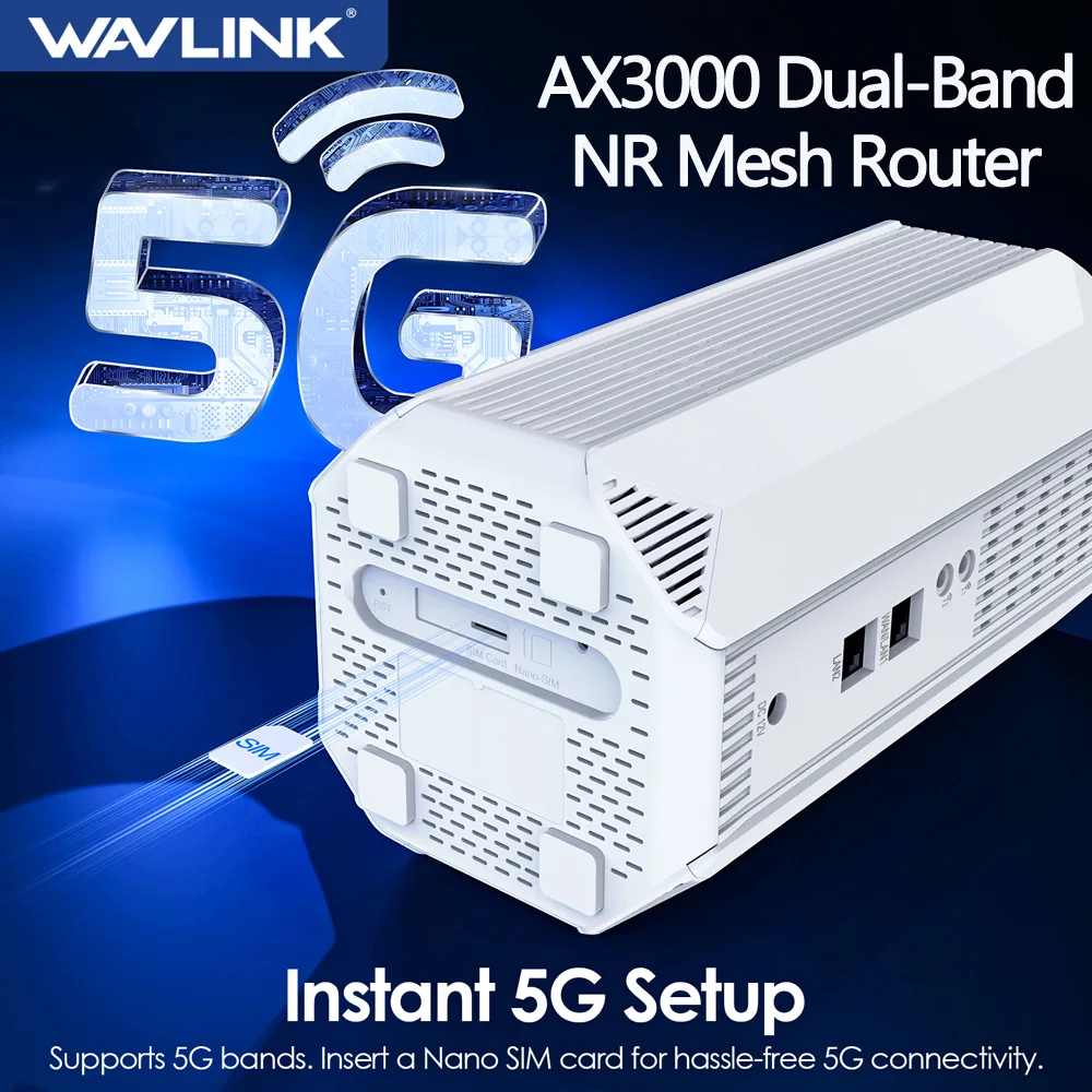 

WAVLINK AX3000 5G NR CPE Router Dual-Band Wi-Fi 6 Mesh Router with Nano SIM Card Slot, SA/NSA VPNs Ideal for Home & Office Use