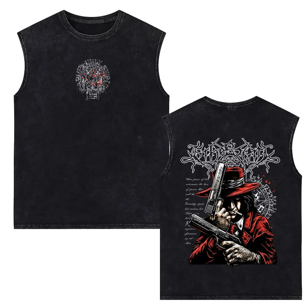 Vintage Wasehd Anime Hellsing Tank Tops Cartoon Vampire Alucard Horror Face Graphic Sleeveless Vest Men Women Casual Manga Tees