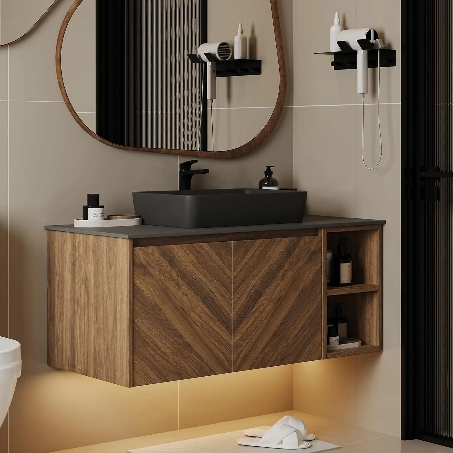 

36'' Floating Vanity Bathroom, Single Bathroom Vanity with Sink, Black Ceramic Basin, Drawers and Open Shelves,, Customized