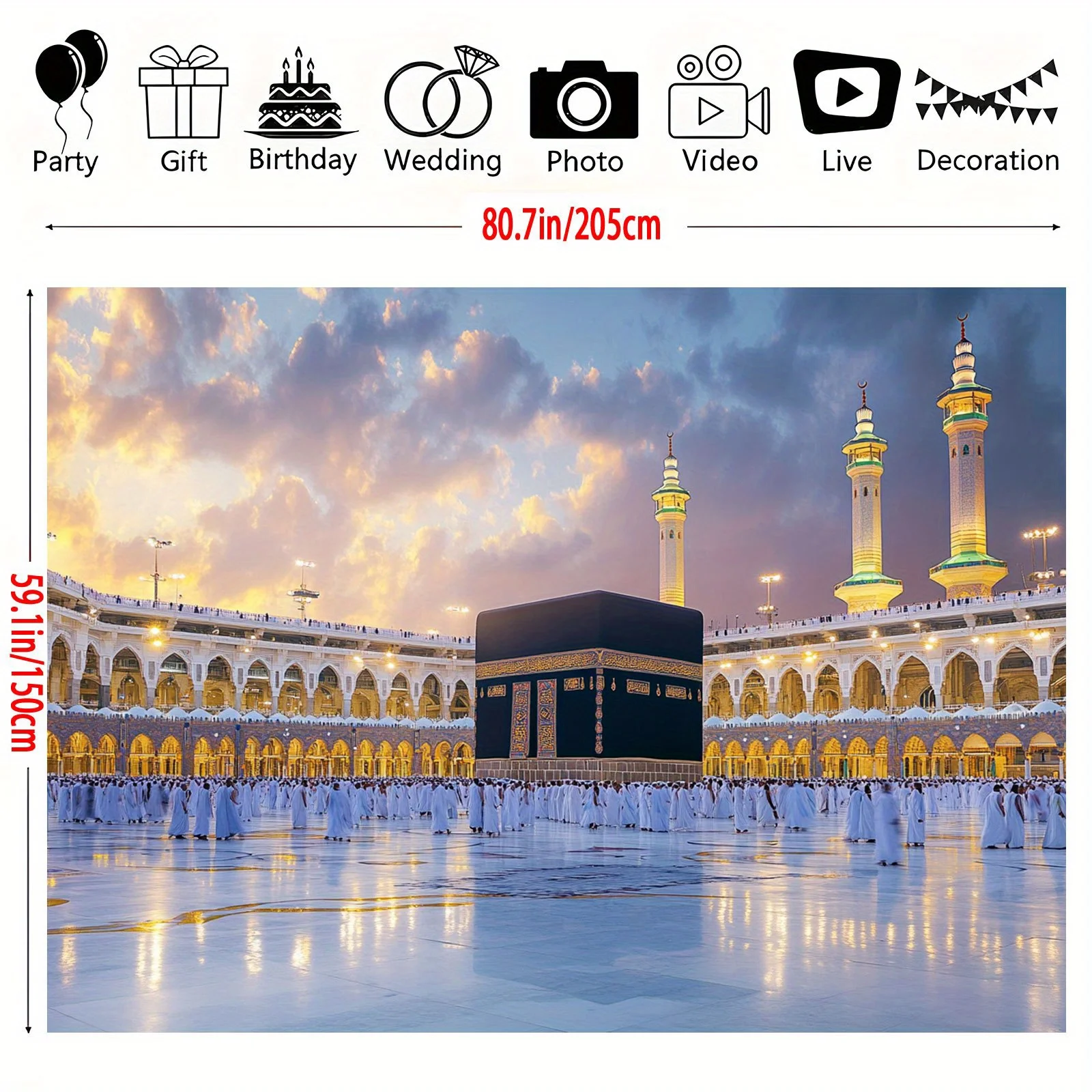 1 Stück Pilgerbild im Mekka-Fotohintergrund – Polyester, Party- und Fotohintergrund, islamische Eventdekoration