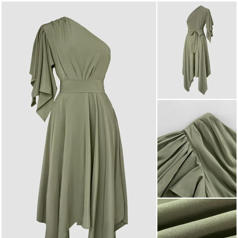 Feestjurk met vlinderdas, casual één schouder, asymmetrische mouw, ritssluiting aan de zijkant, taille, asymmetrische zoom, maxi-jurk met riem