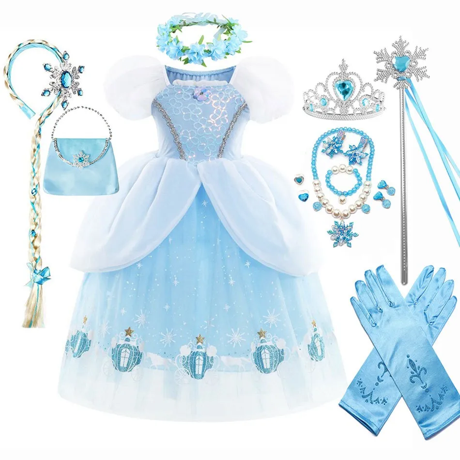 Elsa Dresses for Girls Halloween Costumes Princess Snow Queen Elsa Children Gowns Kid Disfraz Set Cosplay Outfits Party