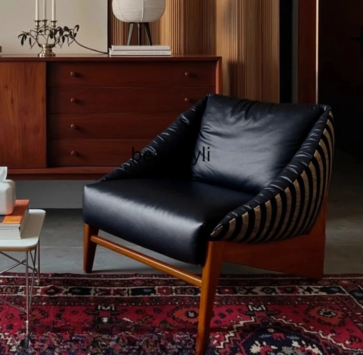 

Leisure chair, retro black first-layer cowhide sofa, living room, single chair