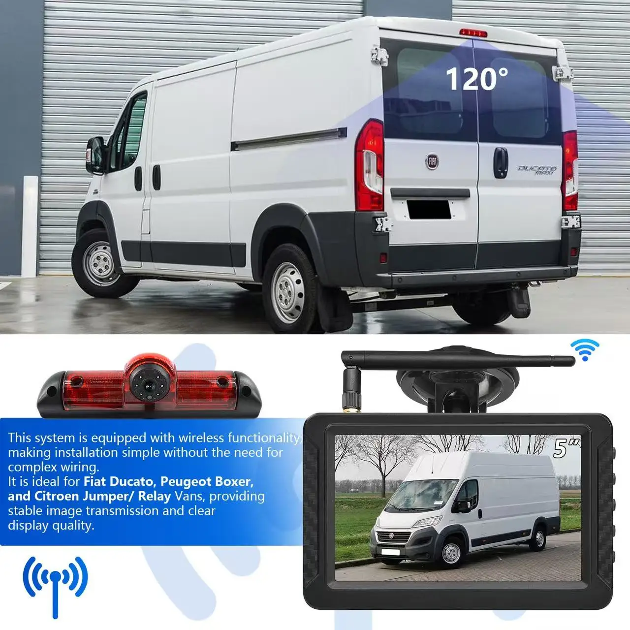 

Wireless Brake Light Reversing Camera & Monitor Kit With 5 Inch HD Monitor For Fiat Ducato, Citroen Jumper, Peugeot Boxer