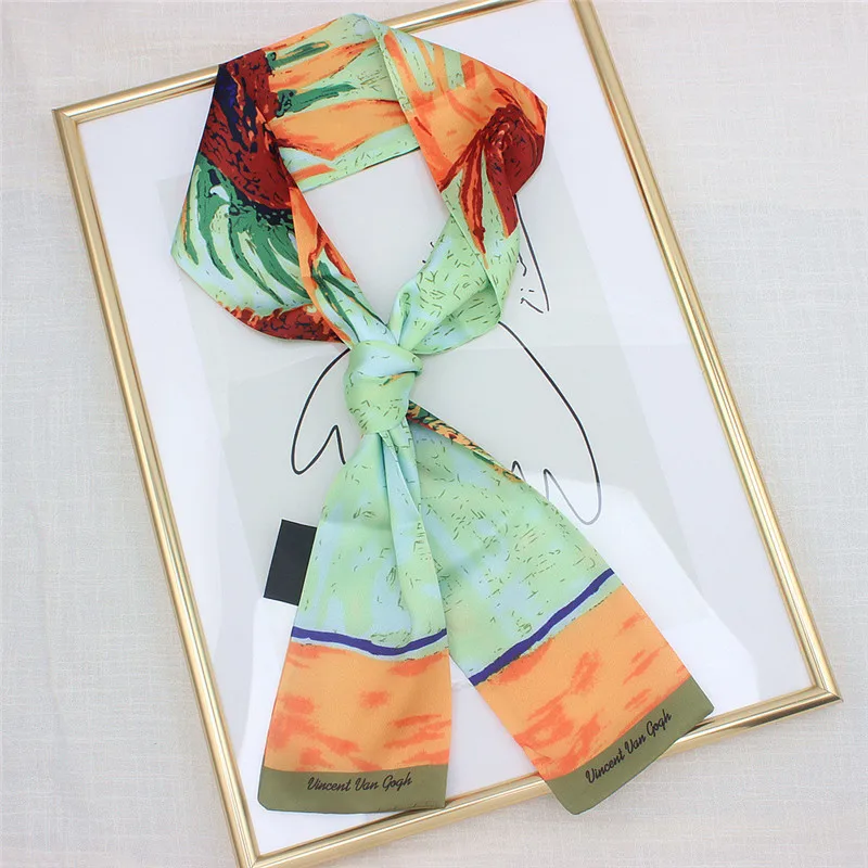 Van Gogh Oil Painting Twill Silk Scarf Women Neckerchief Skinny Scarf Bag Ribbons Female Neck Tie Head Scarves Wraps For Ladies