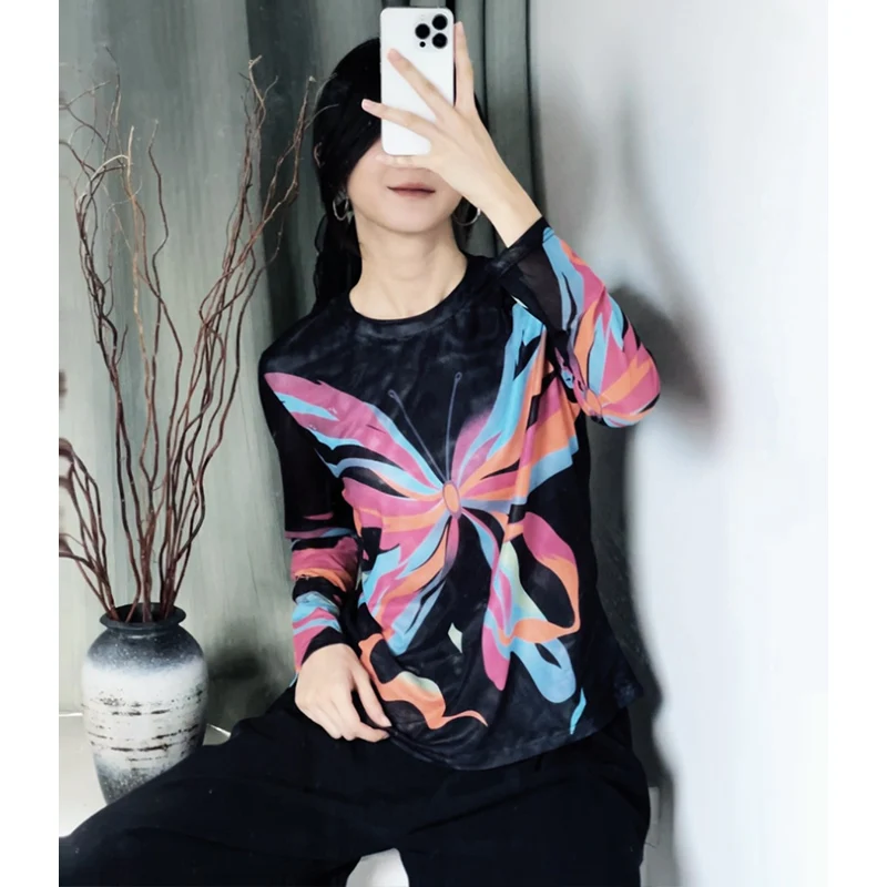 MadBlack-Women European T-Shirt, Sexy O Neck Butterfly Print, Fashion Modern Long Sleeve Slim M-2XL Tee, 2025 Winter T5N547CC