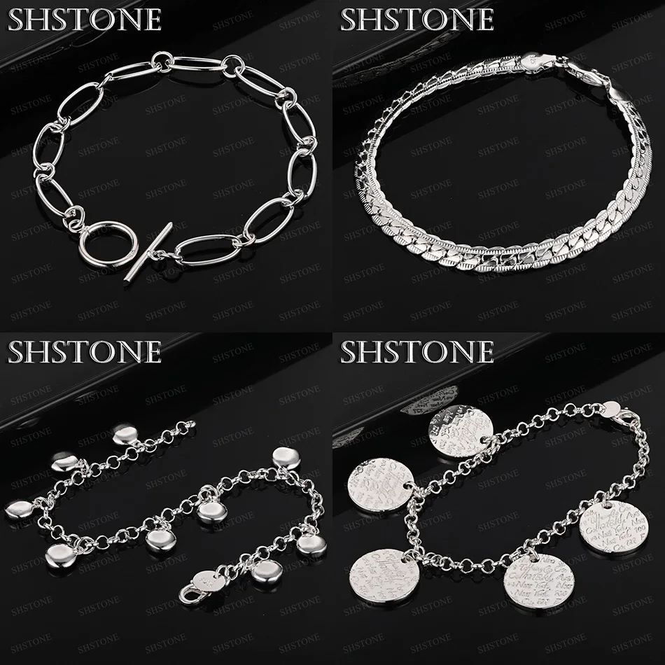 

925 Sterling Silver Oval Chain Solid Small Flat Round Bracelets Flat Side Chain Women Wedding Party Jewelry Trendy Accessories