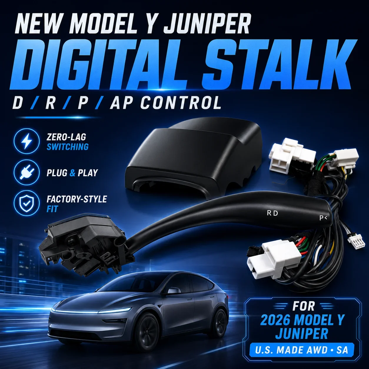 Shift Lever with Paddle Shifters Column Shifter for Tesla Model Y Juniper 2025-2026 EV Components Adapted for EU APAC Markets