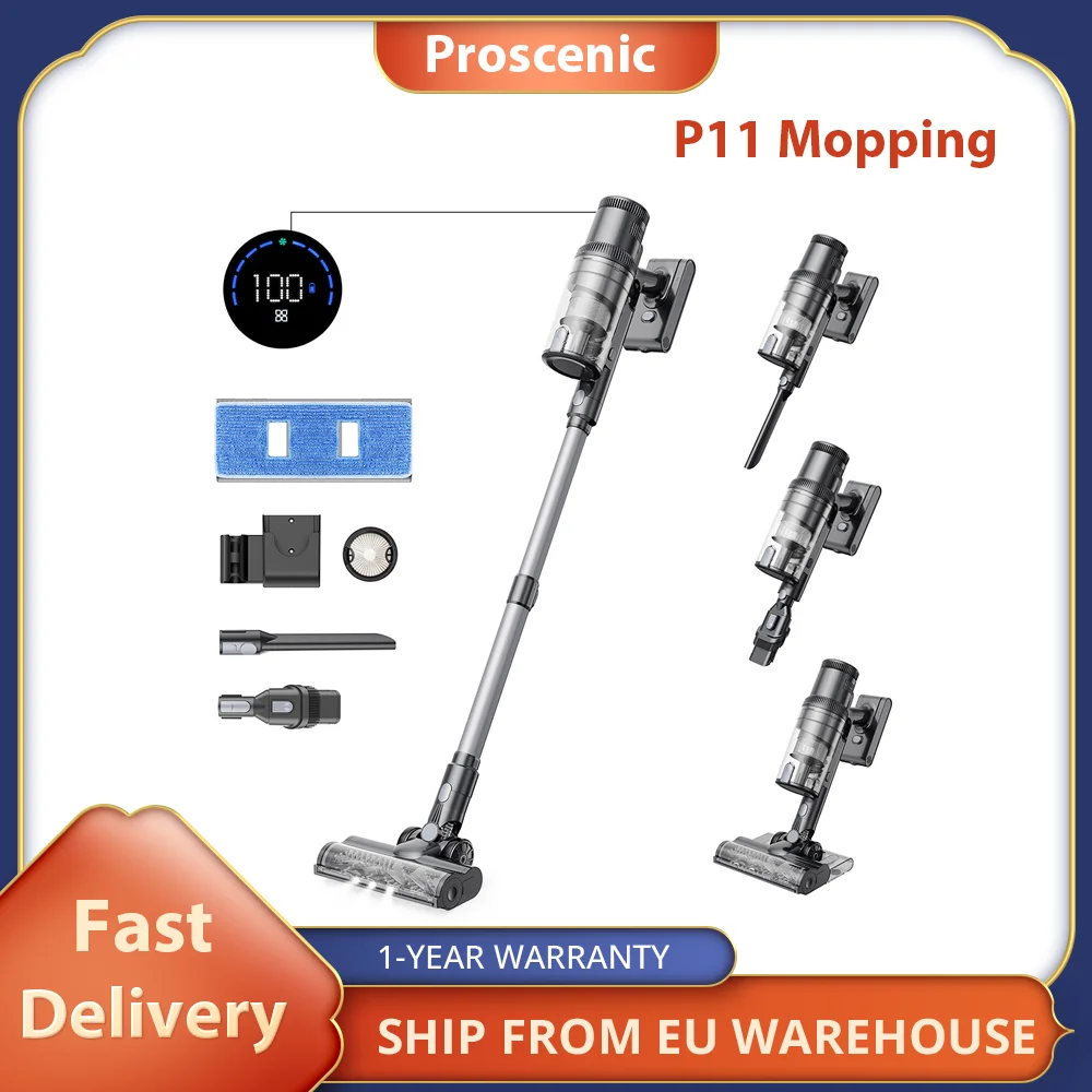 Proscenic P11 Mopping Cordless Vacuum Cleaner, 35Kpa Suction, 0.65L Dustbin, 5-Stage Filtration System, 2000mAh Battery