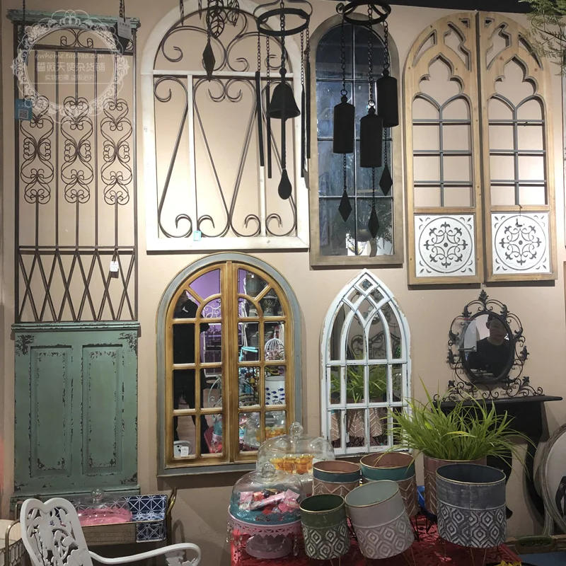 

American country retro wrought iron fake window European mirror wall hanging window mirror wall decoration restaurant outdoor ho